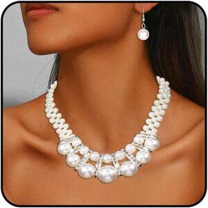 Elegant Pearl Necklace and Earrings White Pearl Jewelry Set Wedding Bridal